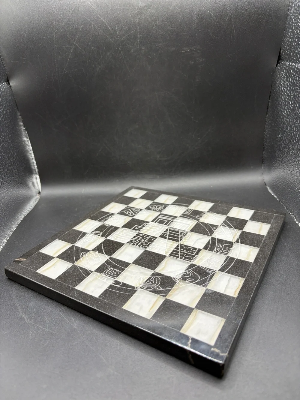 Black & White Stone Etched Mayan Pyramid Motif Chessboard Game Board Home Decor
